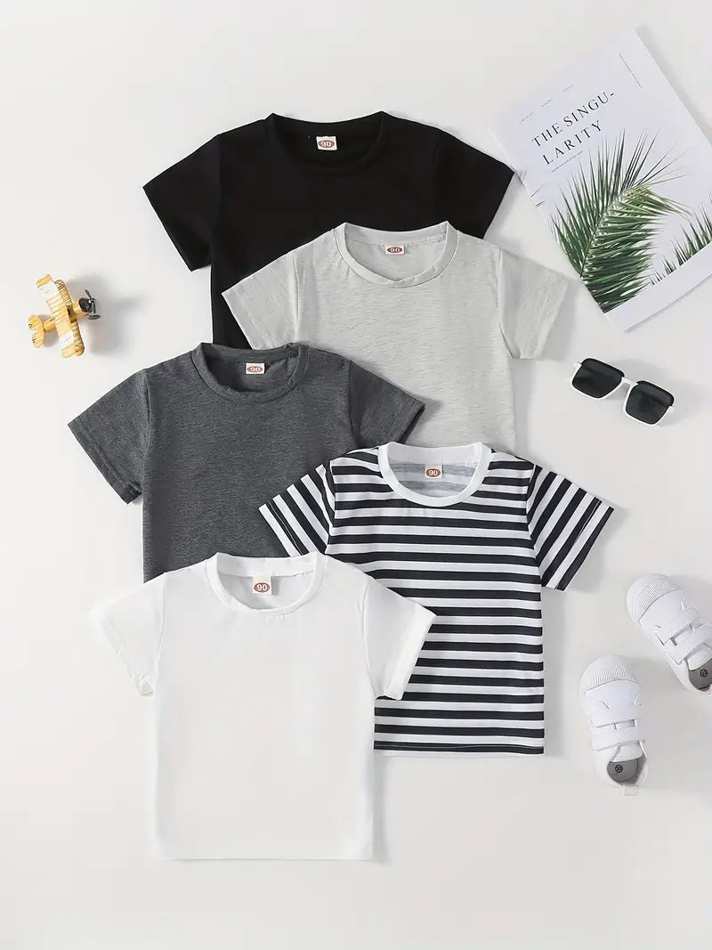 Lot de 5 t-shirts garçon basiques – Hauts unis et rayé coton respirant