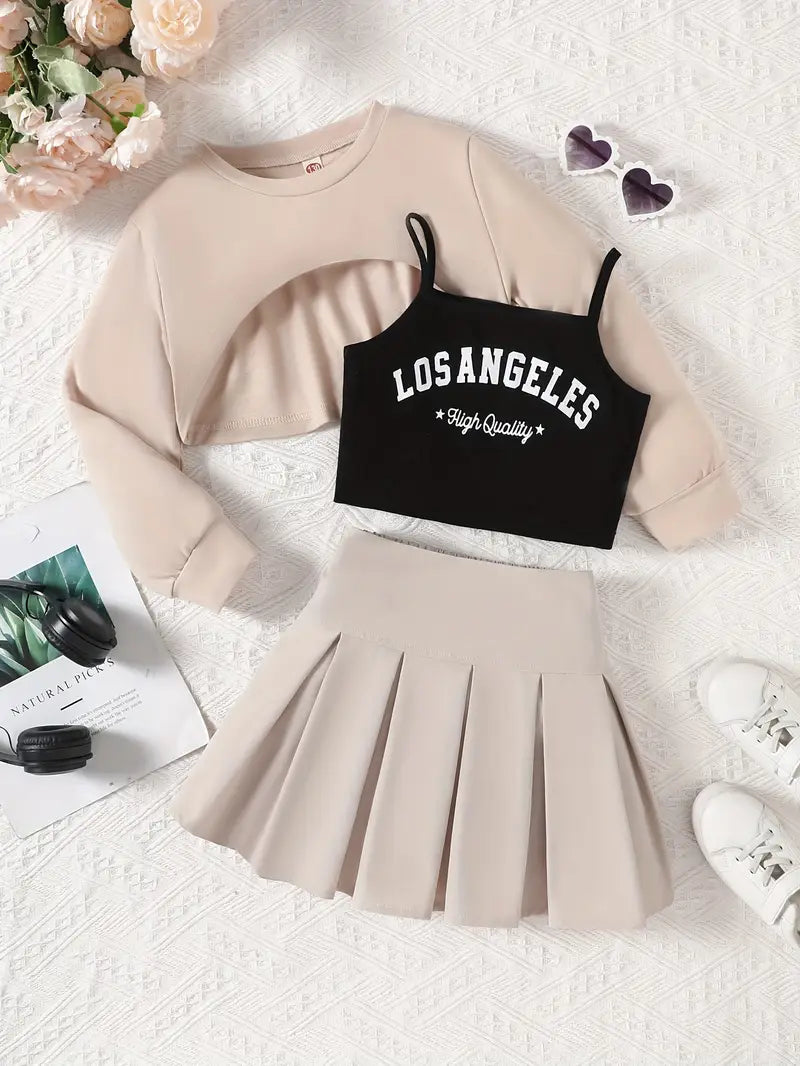 Haut fille crop top noir imprimé Los Angeles avec gilet manches longues – Style tendance et confortable