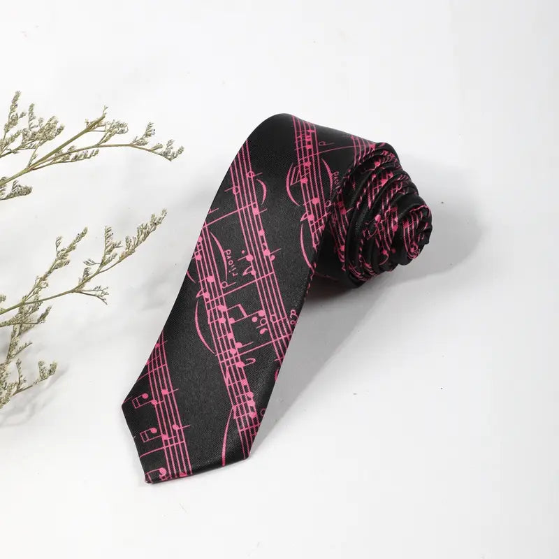 Cravate noire homme à motifs notes de musique roses – Accessoire élégant pour musiciens et soirées habillées
