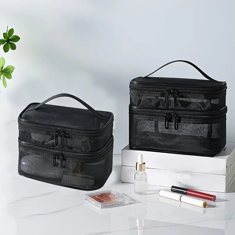 Trousse de Maquillage Transparente à Double Compartiment – Pochette de Rangement Voyage Étanche et Légère