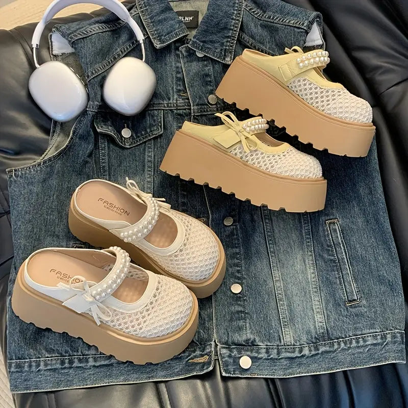 Mules fille plateforme tendance – Sabots ajourés avec perles décoratives et semelle épaisse