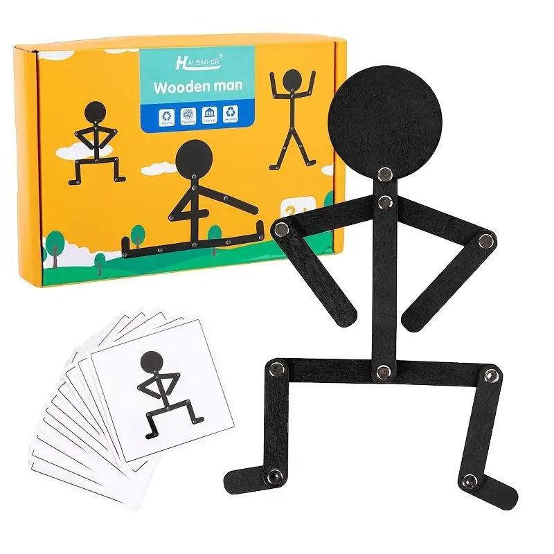 Casse-Tête Articulé en Bois – Jeu Éducatif de Motricité et Logique avec Cartes de Poses