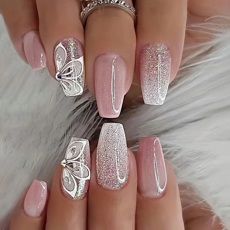 Kit Faux Ongles Rose Pailleté avec Strass et Autocollants – Manucure Press-On Élégante et Facile à Appliquer