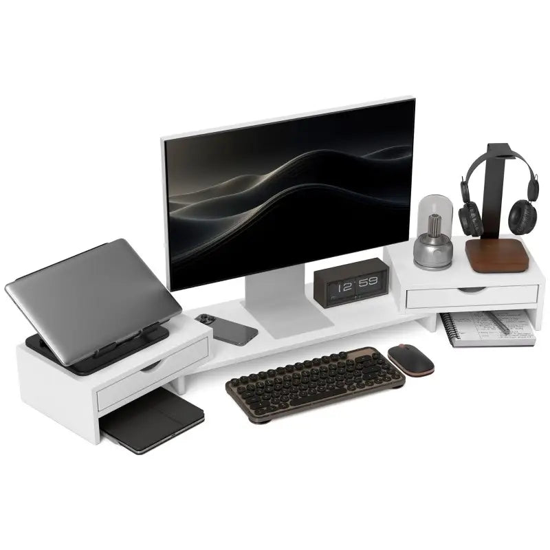 Support d’Écran d’Ordinateur avec Tiroirs de Rangement – Rehausseur Bureau Ergonomique pour PC, Laptop et Tablette