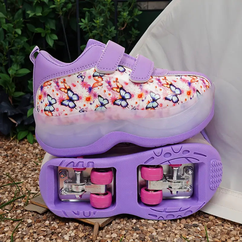 Chaussures de sport fille – Baskets violettes à scratch avec imprimé papillons colorés tendance