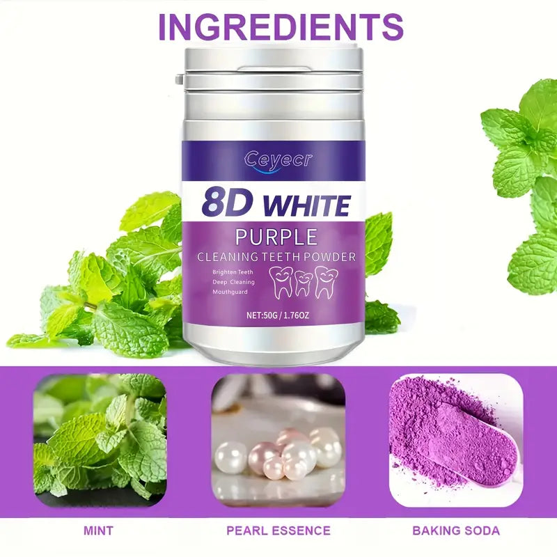 Poudre Dentaire Blanchissante 8D White – Poudre Nettoyante Violette pour Dents Blanches, Haleine Fraîche & Nettoyage Profond (50g)