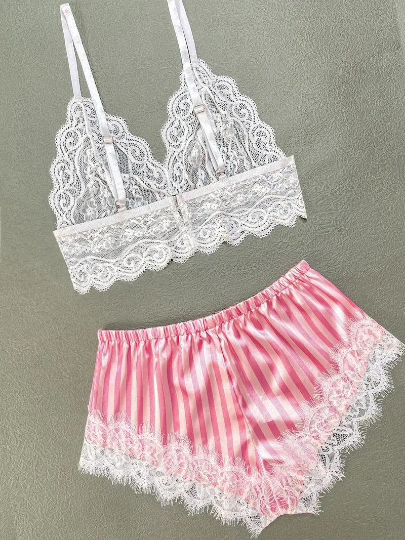 Ensemble Lingerie Femme Satin Rayé et Dentelle – Sous-vêtements et Pyjamas Sexy 2 Pièces Bralette & Short