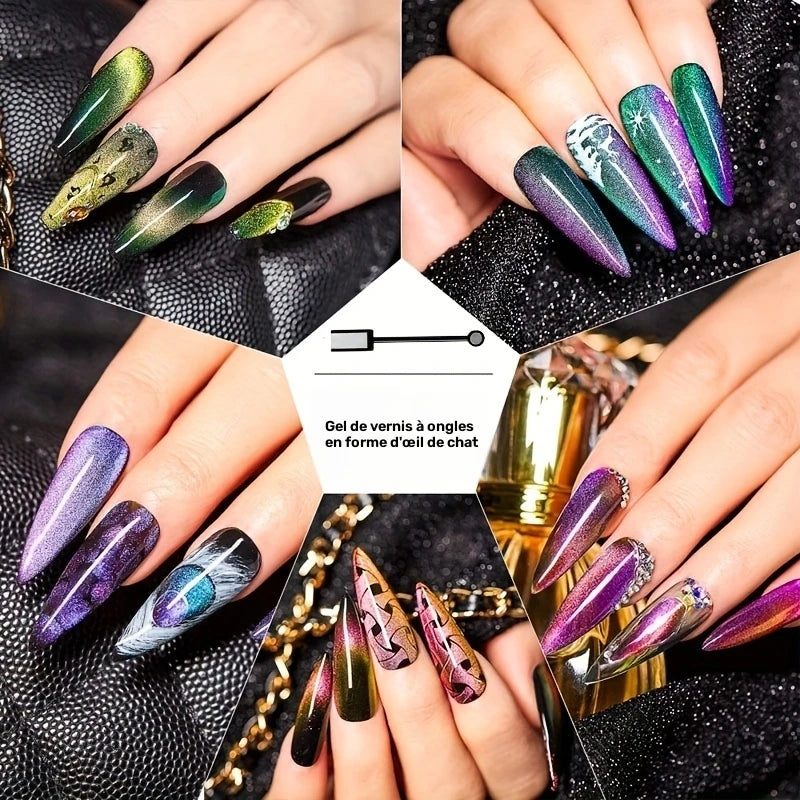 Ensemble 6 Vernis Gel Cat Eye Magnétique – Effet Œil de Chat 9D Holographique UV/LED, 8ml + Aimant Inclus