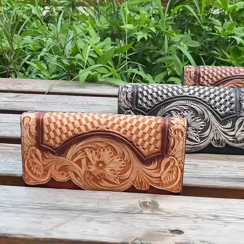 Portefeuille femme en cuir gravé – Design floral élégant et chic intemporel
