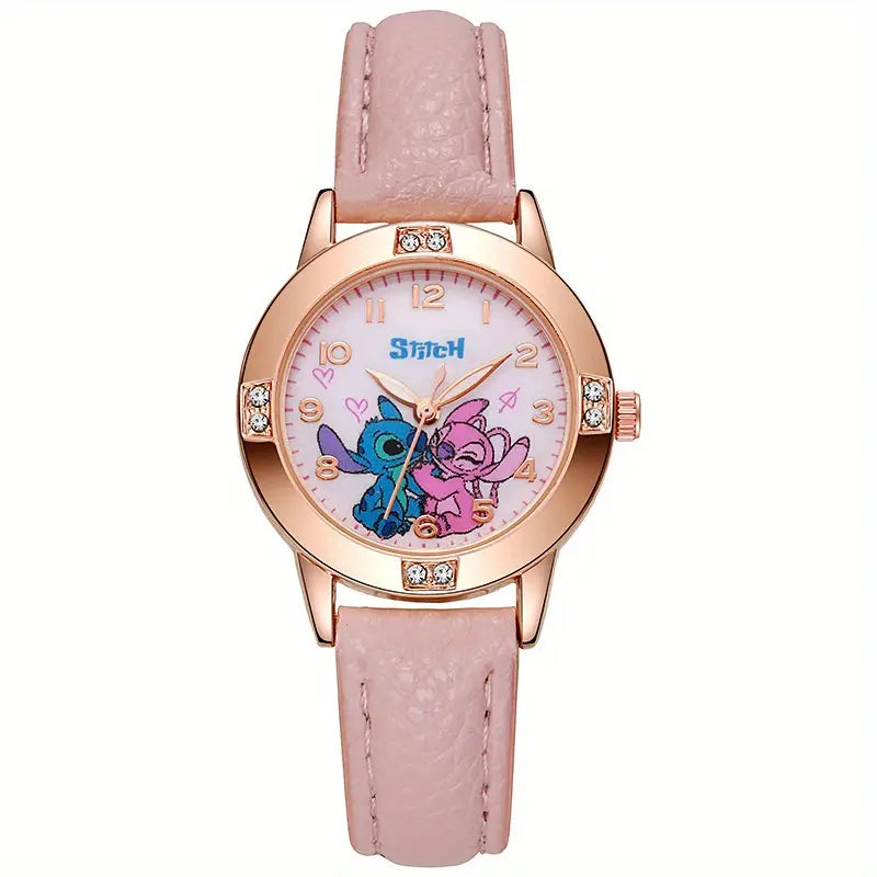 Montre Enfant Fille Rose avec Personnage Stitch – Bracelet Simili Cuir et Cadran Fantaisie