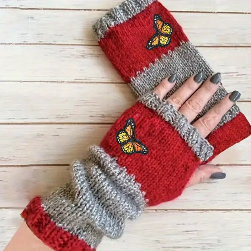Mitaines femme tricotées rouge et gris – Gants sans doigts avec motif papillon brodé, chauds et élégants