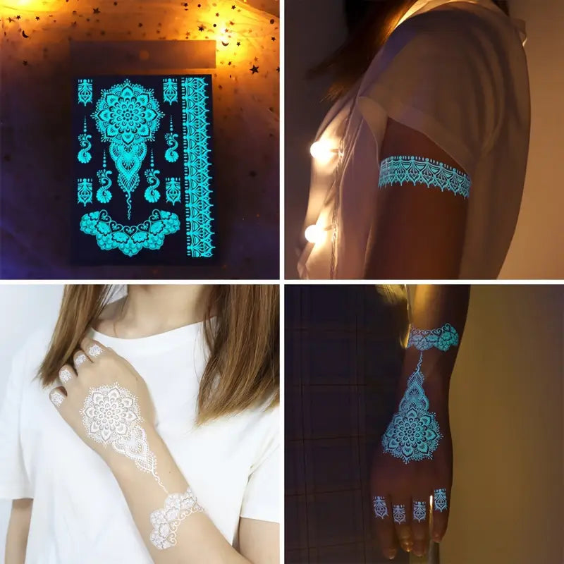 Tatouages Éphémères Fluorescents Mandala & Dentelle – 6 Feuilles Lumineuses pour Corps, Bras ou Épaule