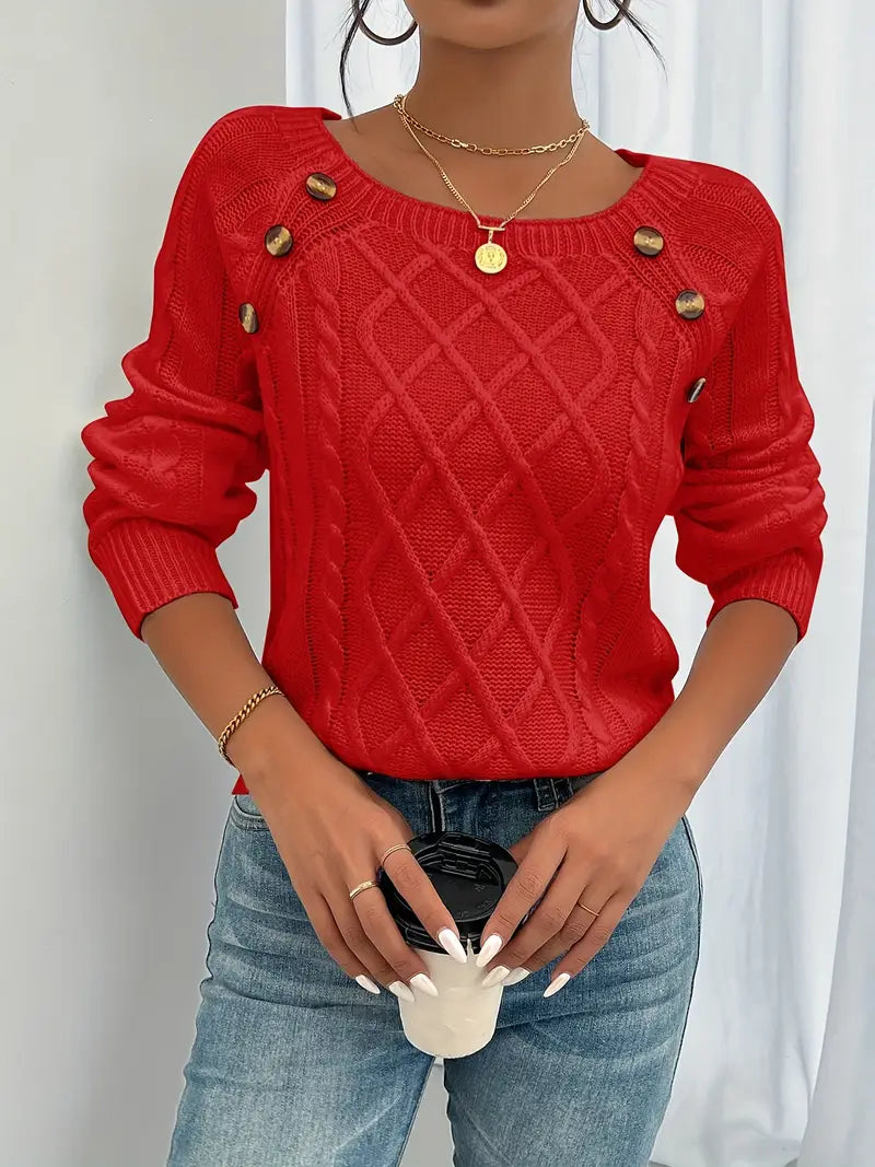 Pull Femme Hiver Maille Torsadée avec Boutons Décoratifs – Col Rond et Coupe Confortable