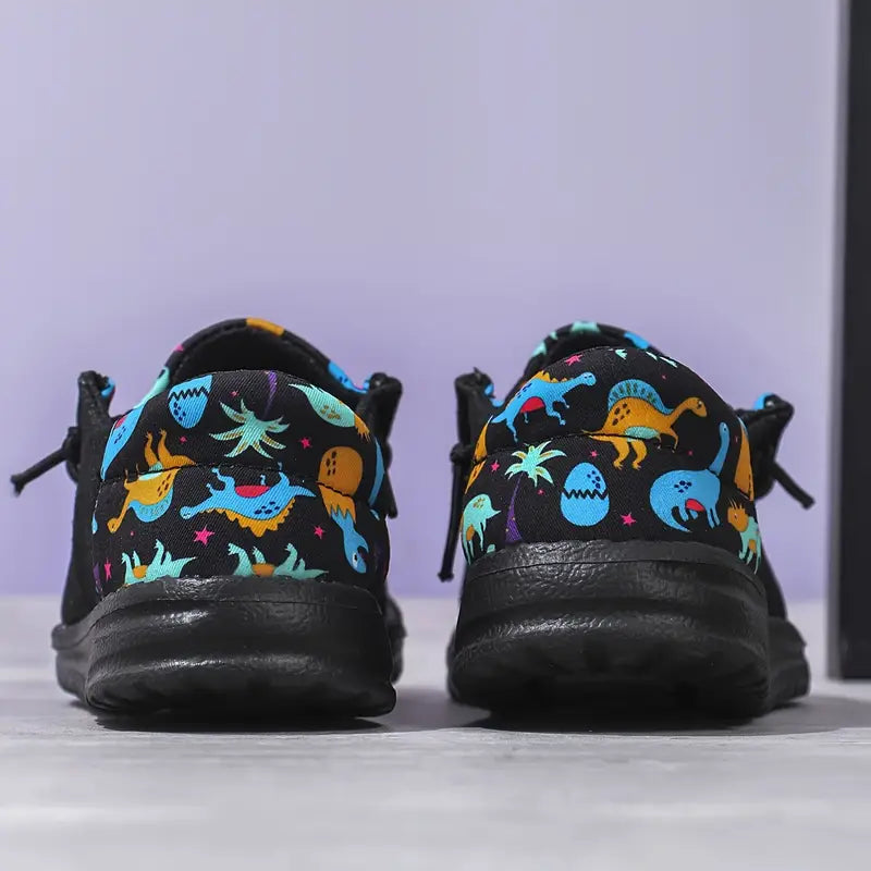 Mocassins garçon noirs imprimé dinosaures colorés – Chaussures sans lacets confortables et légères