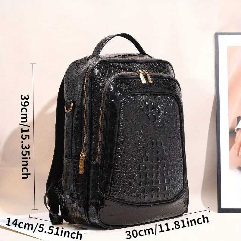 Sac à dos homme en cuir noir motif crocodile – Élégant et spacieux pour affaires ou voyages