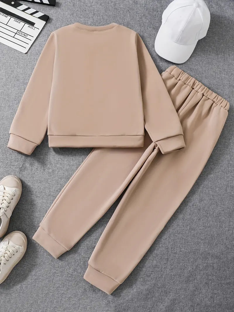 Ensemble fille 2 pièces beige – Survêtement confortable avec sweat et pantalon