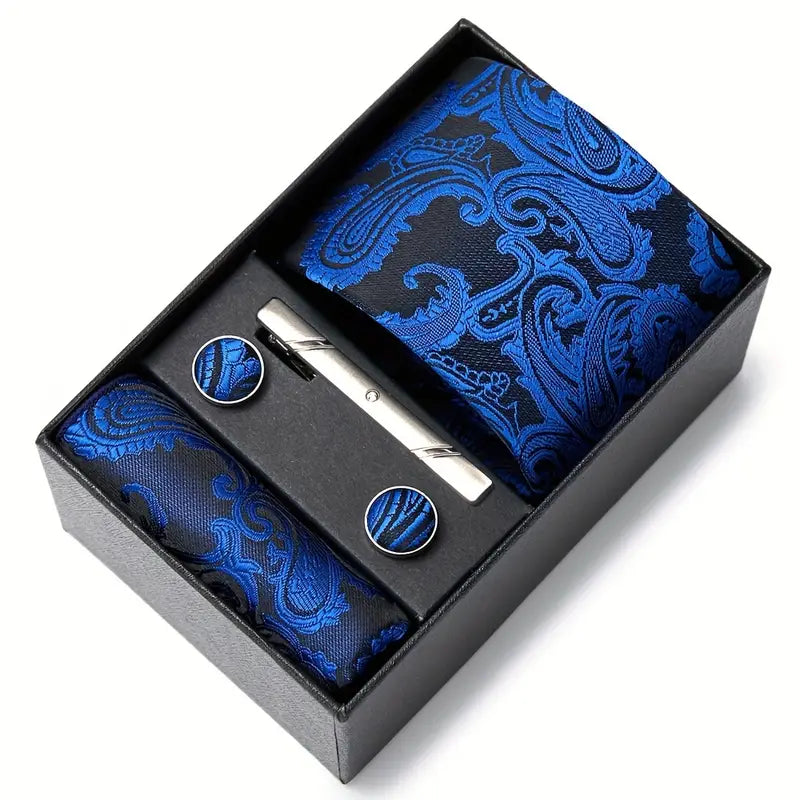Coffret cravate homme bleu à motifs paisley – Pochette, boutons de manchette et pince assortis