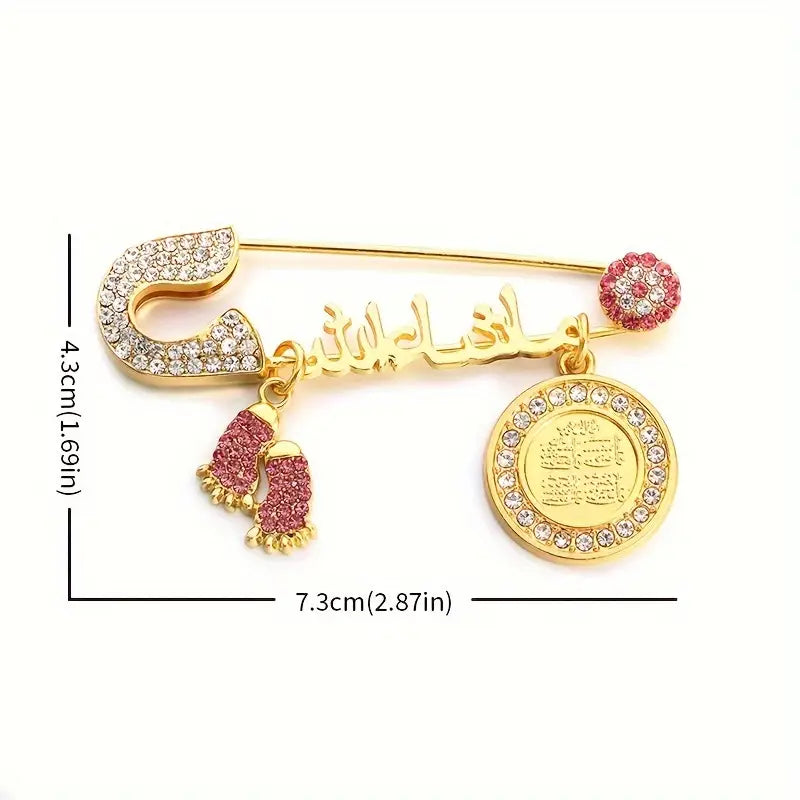 Broche arabe dorée avec strass et pendentifs – Pin’s calligraphie orientale élégante