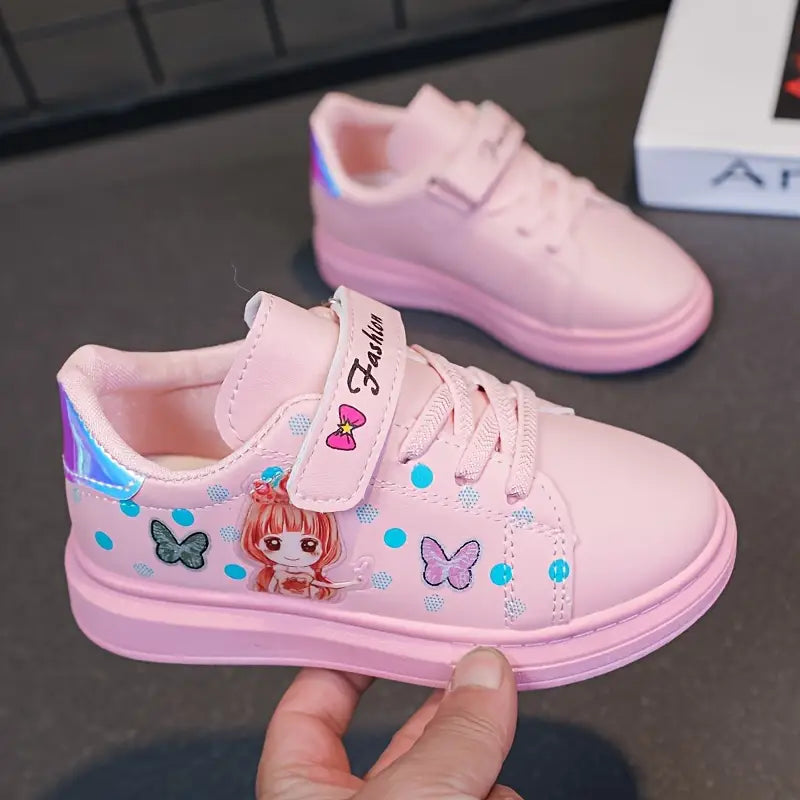 Baskets fille roses à scratch – Chaussures de sport confortables avec motif papillon et princesse