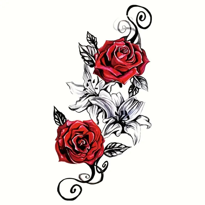 Tatouage Éphémère Rose et Lys – Motif Floral Réaliste pour Bras, Épaule ou Dos