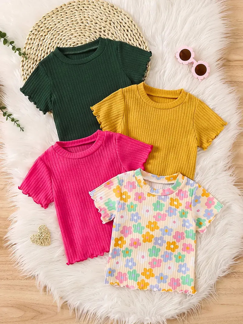 T-shirt Fille Côtelé Manches Courtes – Hauts Enfant Confortables et Tendance en Lot Multicolore