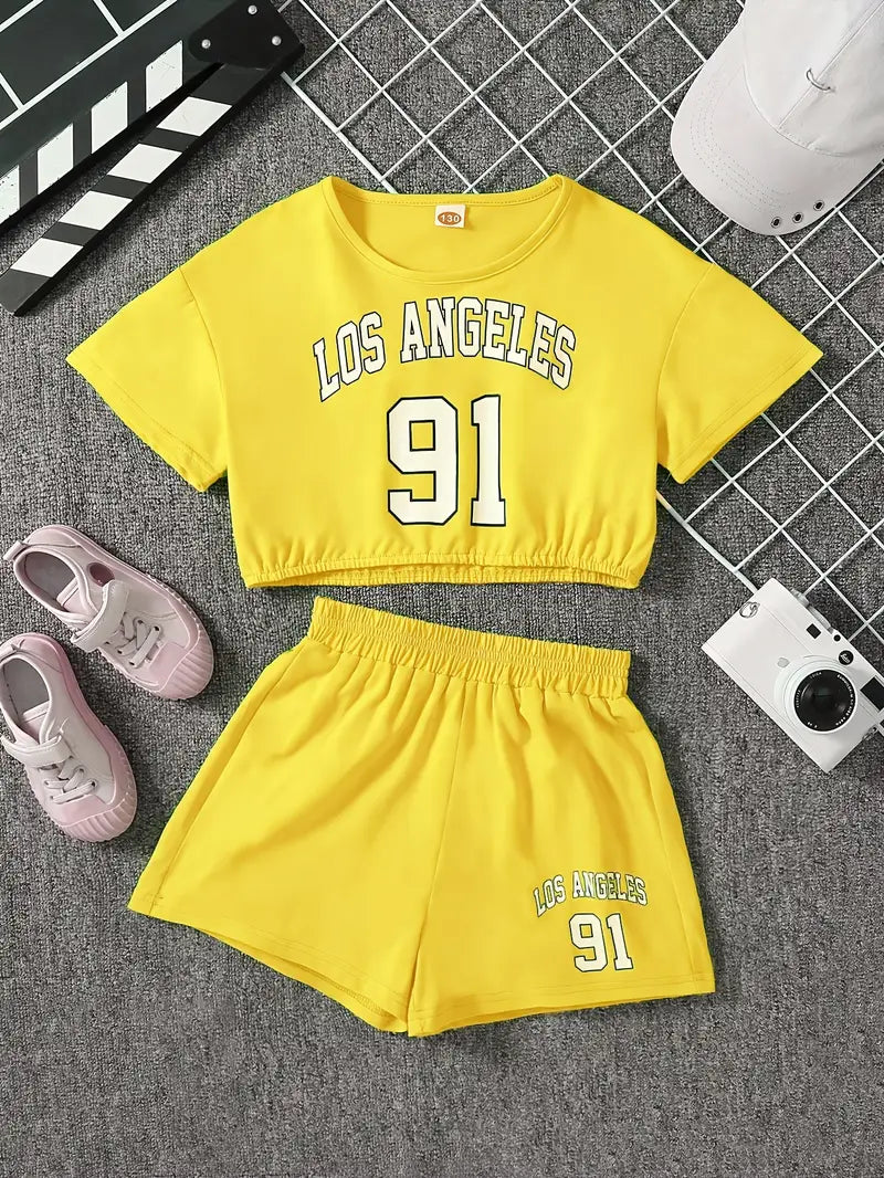 Chemise fille jaune style crop top avec imprimé Los Angeles – tenue sport et tendance