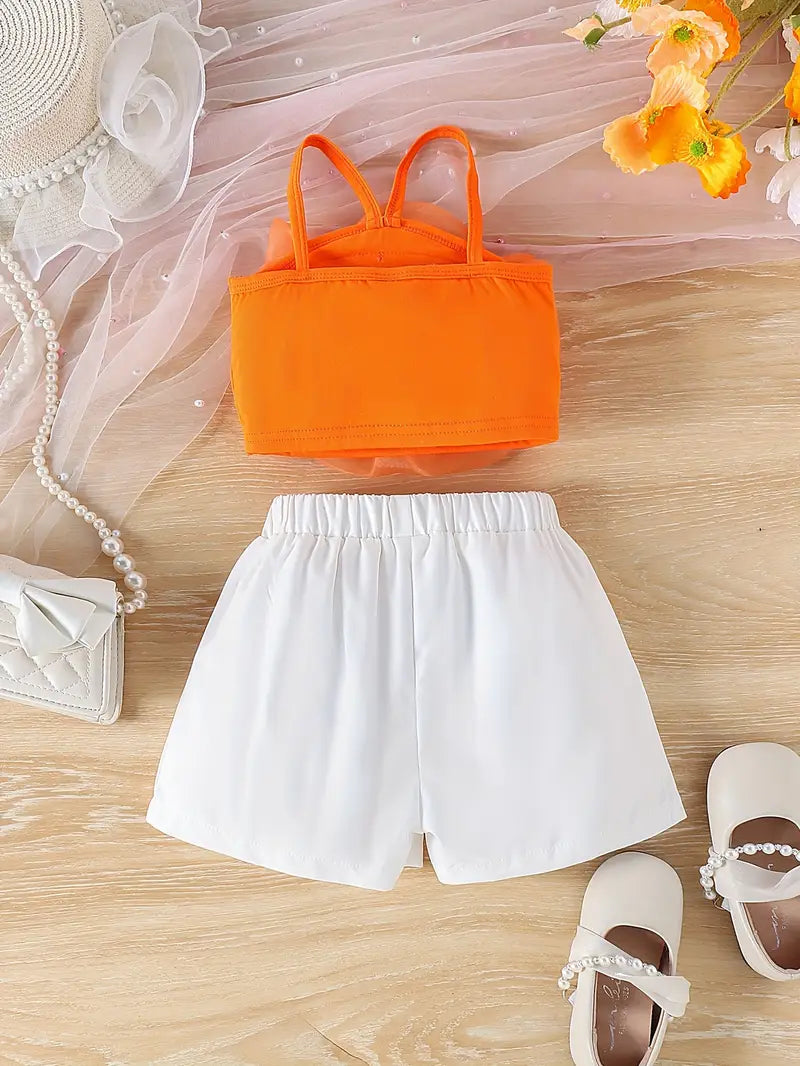 Hauts fille élégants – Top orange à fleur 3D avec short blanc chic d’été