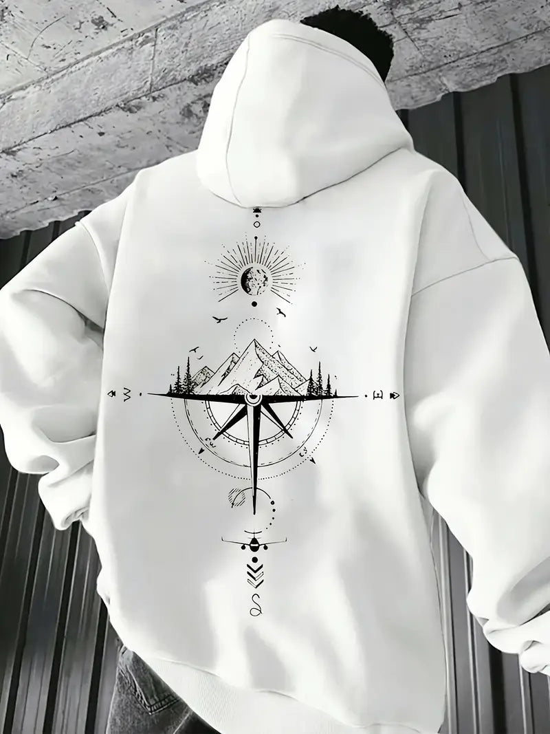 Sweat à capuche homme – Hoodie gris sport avec imprimé boussole & montagne – Style streetwear et confort