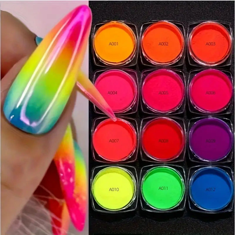 Vernis en Poudre Fluorescent – 12 Couleurs Néon Intenses pour Ongles Dégradés et Nail Art