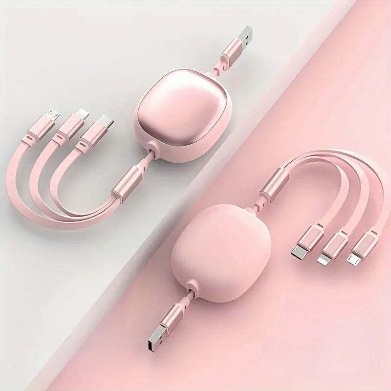Câble de Charge 4-en-1 Universel Rétractable – USB vers Type-C, Micro USB et Lightning – Design Compact et Élégant