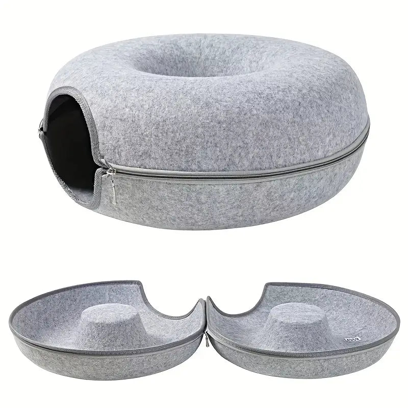 Lit Donut Double Entrée pour Chat – Maison Fermée en Feutre avec Coussin Douillet Intégré