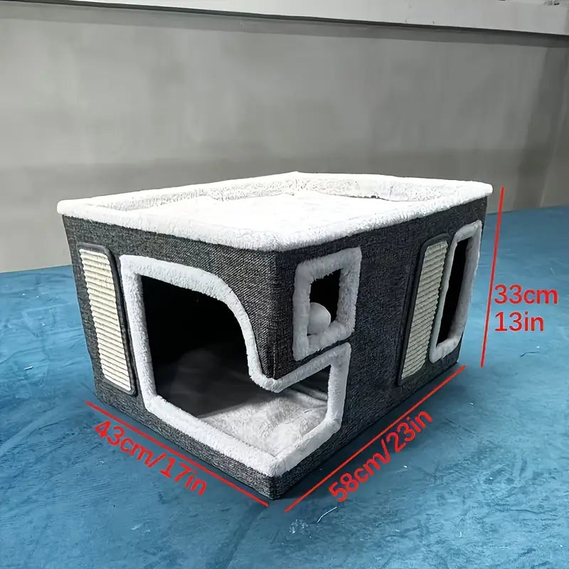 Cube Lit pour Chat avec Griffoir et Jouet Suspendu – Maison 2 Niveaux Confort et Jeu