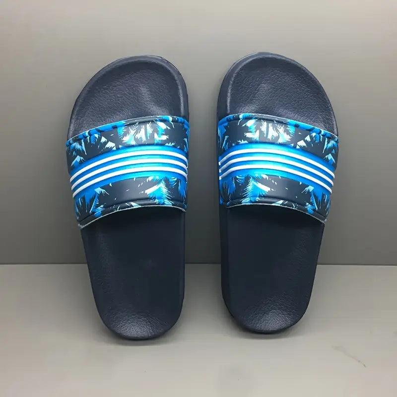 Sandales et pantoufles garçon – Claquettes de plage bleu marine avec imprimé palmiers et bandes blanches