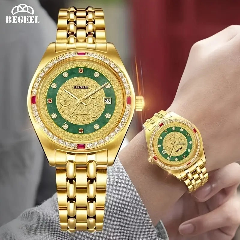 Montre homme luxe dorée – Bracelet acier or avec cadran vert et incrustations brillantes