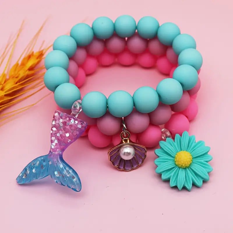 Lot de Bracelets Élastiques Enfant Perles Colorées – Bijoux Fantaisie Fleur, Coquillage et Sirène