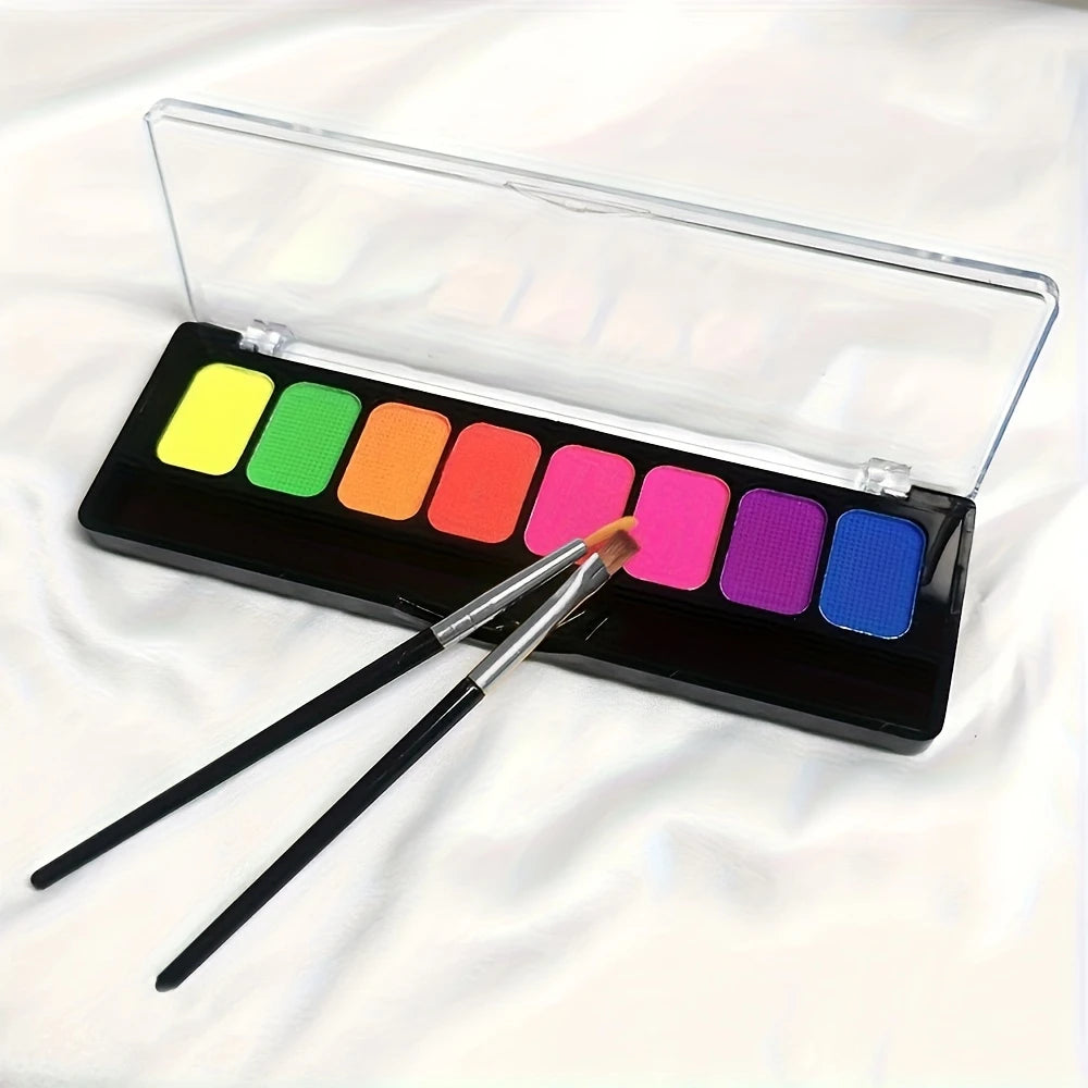 Palette de Peinture Fluorescente pour le Visage et le Corps – 8 Couleurs Néon avec Pinceaux
