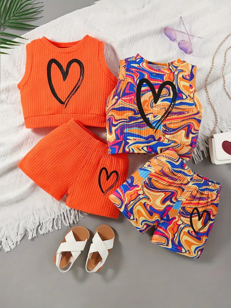 Hauts fille colorés sans manches avec imprimé cœur – Ensemble tendance été confortable