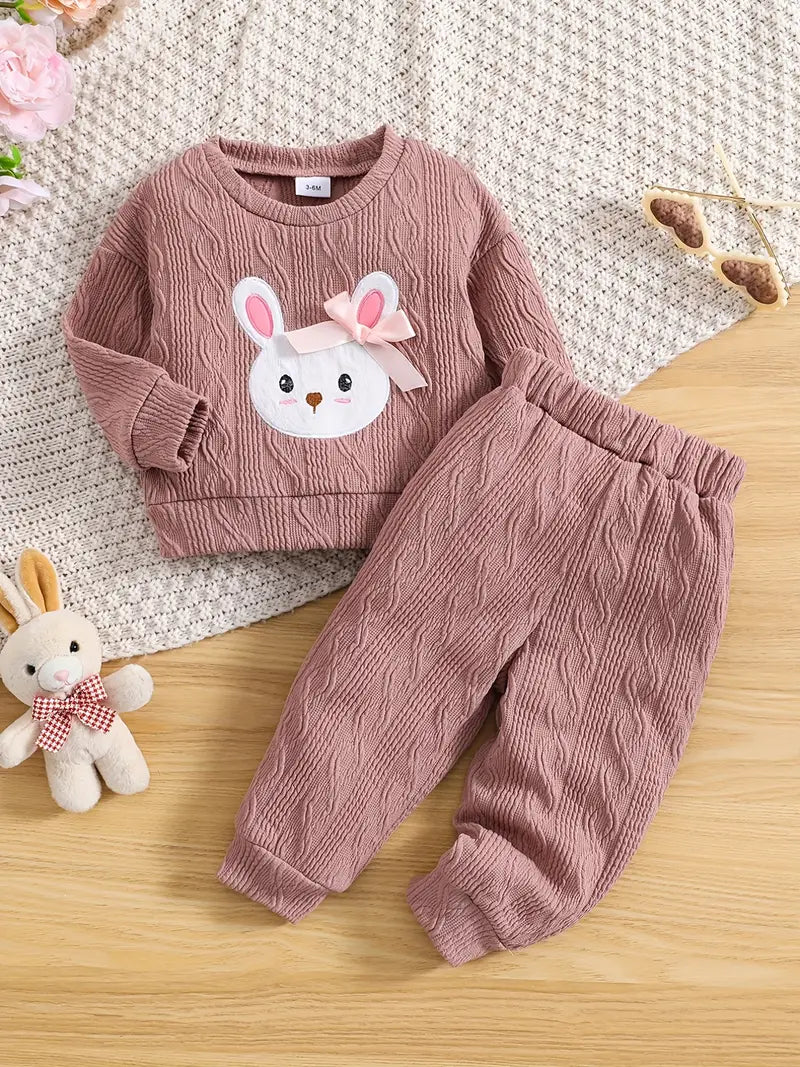 Ensemble Bébé Fille Tricoté Rose – Sweat Lapin avec Nœud & Pantalon Confort