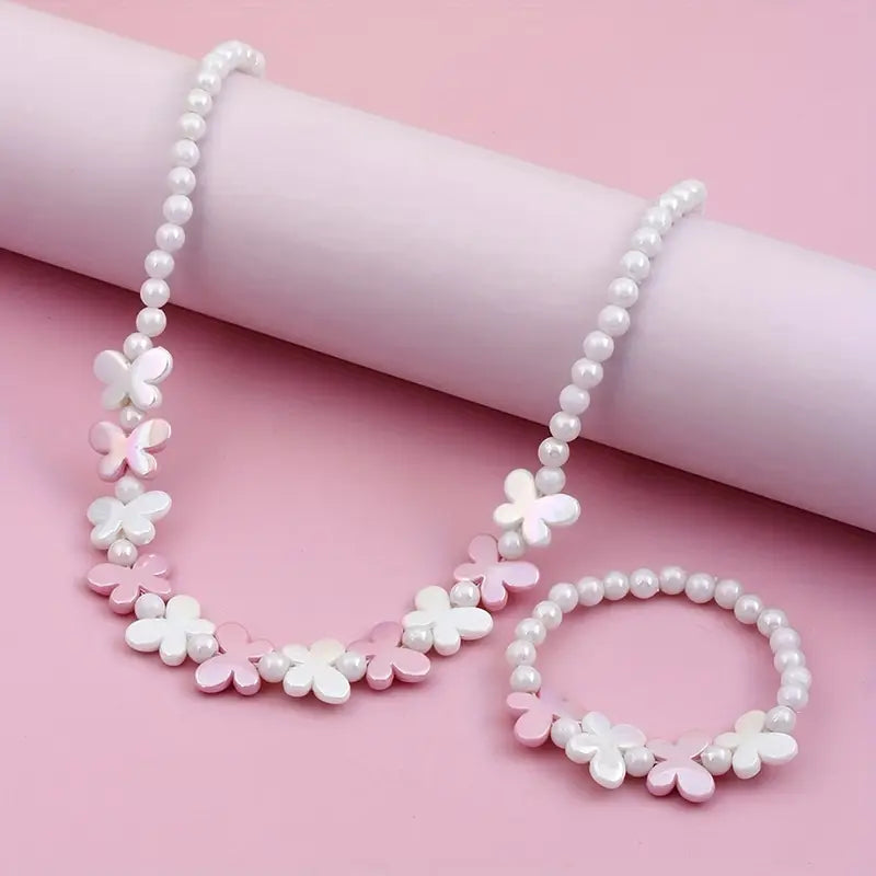 Parure Bijoux Enfant Collier et Bracelet Perles Papillon – Fantaisie Rose et Blanc