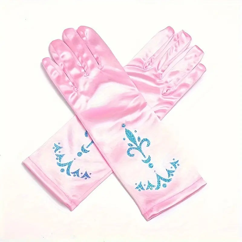 Gants longs femme satin rose avec motifs bleus – Accessoires élégants pour soirées, mariages et déguisements
