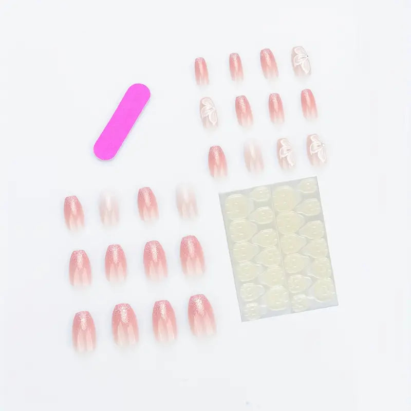 Kit Faux Ongles Rose Pailleté avec Strass et Autocollants – Manucure Press-On Élégante et Facile à Appliquer