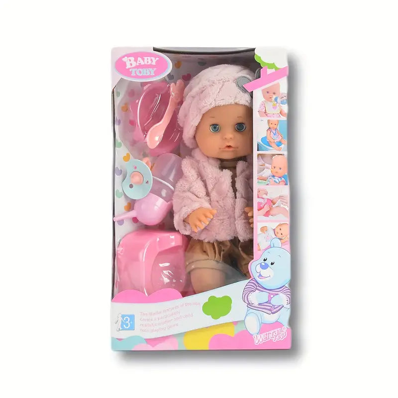Poupée bébé réaliste 30 cm aux yeux bleus – Habillée en tenue d’hiver rose avec bonnet et chaussons