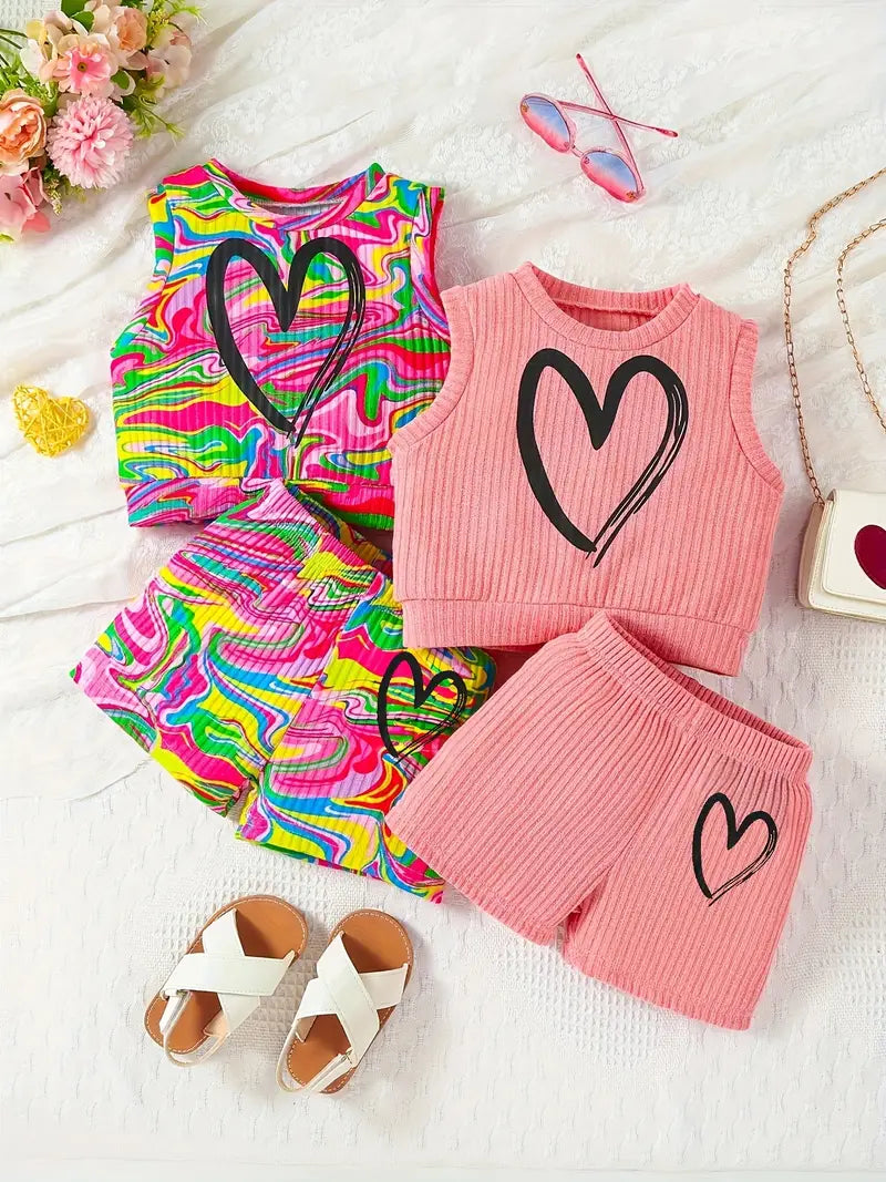 Hauts fille colorés sans manches avec imprimé cœur – Ensemble tendance été confortable