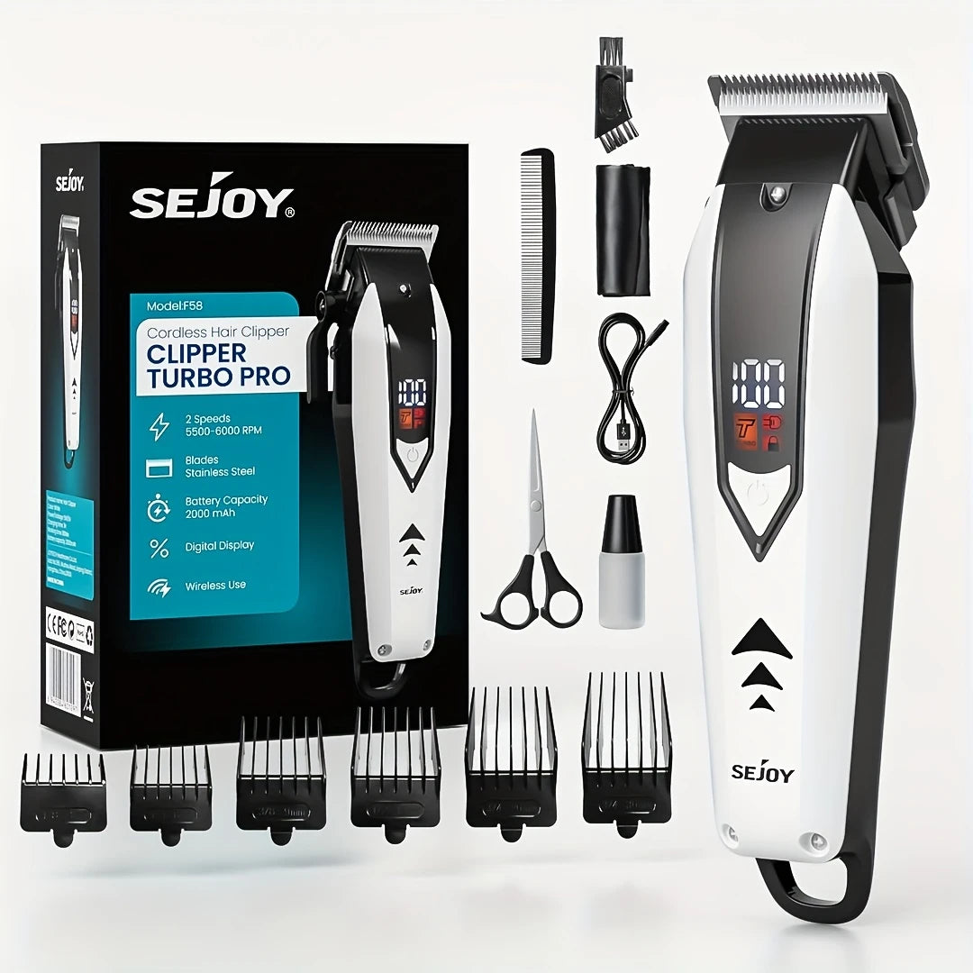 Tondeuse Professionnelle Sejoy Turbo Pro – Sans Fil, Écran LED, 2 Vitesses, Sabots Réglables & Accessoires Complets
