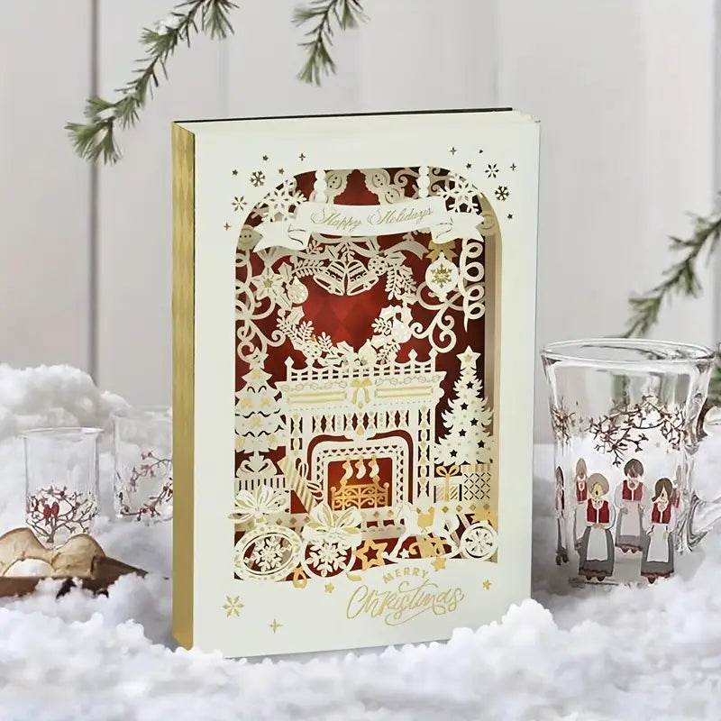 Carte de Noël Pop-Up 3D Luxe – Village Enneigé et Traîneau du Père Noël – Merry Christmas Élégant