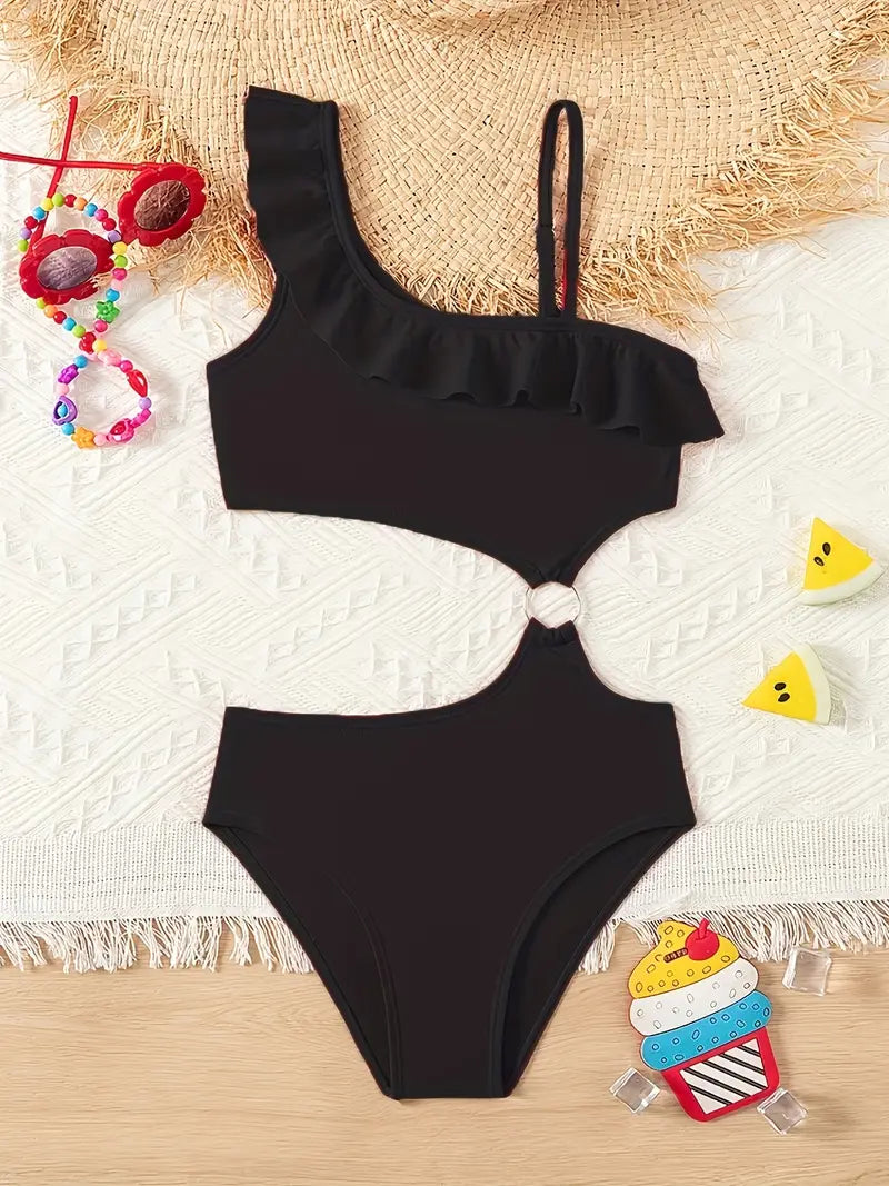 Maillot de bain fille noir une pièce asymétrique avec volant – Élégant et tendance pour l’été