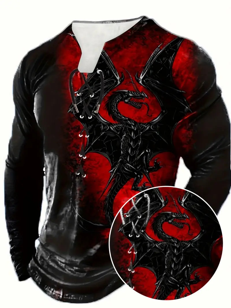 T-shirt fantaisie homme à lacets – Haut noir et rouge motif dragon gothique médiéval