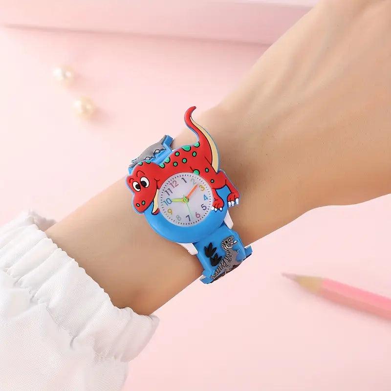 Montre Enfant Dinosaure Rouge – Bracelet Silicone Vert, Cadran Chiffres Colorés