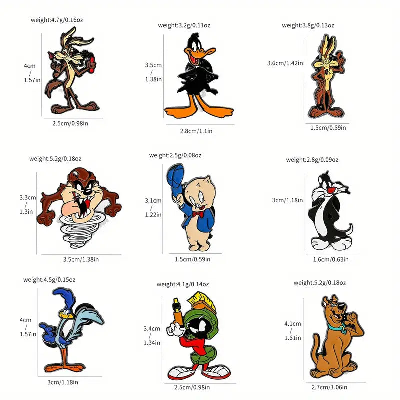 Lot de 9 Broches Enfant Dessins Animés – Boutons Fantaisie Looney Tunes et Scooby-Doo