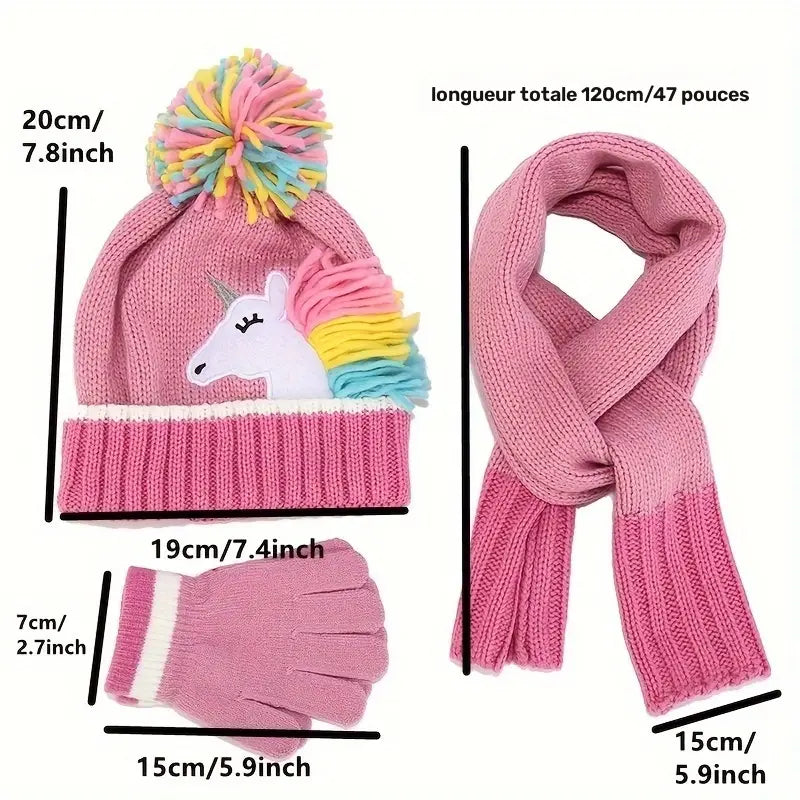 Ensemble Hiver Licorne Fille – Bonnet, Écharpe et Gants Chauds en Tricot